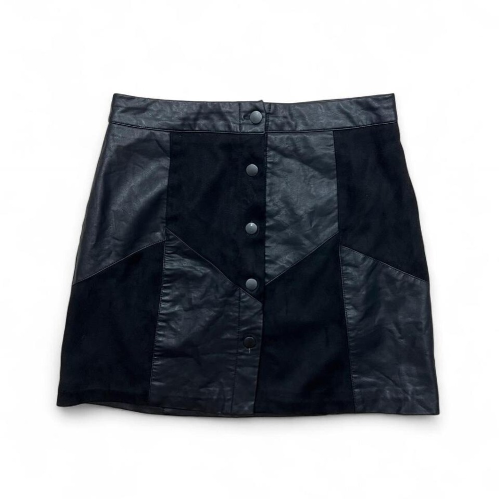 Forever 21 Black Faux Leather Patchwork Mini‎ Skirt Button Up XS Goth Grunge